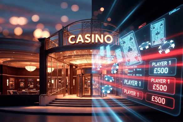 Split-scene image of a classic luxury casino entrance with warm golden lighting and glowing “CASINO” sign on the left, transitioning into a futuristic digital overlay of holographic playing cards, poker chips and online betting screens showing player balances in pounds on the right.