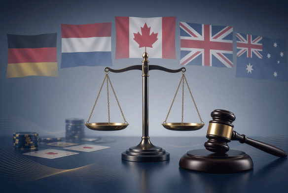Abstract regulatory-themed illustration featuring the flags of Germany, the Netherlands, Canada, the United Kingdom and Australia arranged around scales of justice and a gavel, representing the legal status of casinos in these countries.