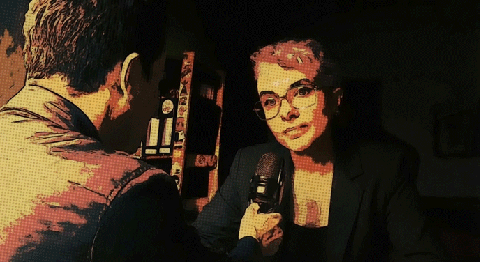 Stylized pop art portrait of Miki G a young woman with short curly hair and glasses wearing a black blazer being interviewed by a man shown only from behind holding a microphone in a dark casino style setting