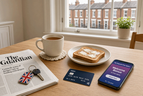 UK player checking a no-deposit free spins offer on a phone at a kitchen table with tea.