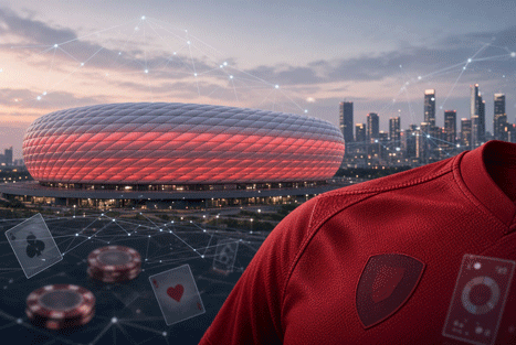 Modern football stadium at dusk with red jersey detail and subtle digital network overlays representing major football clubs partnering with casino and iGaming brands
